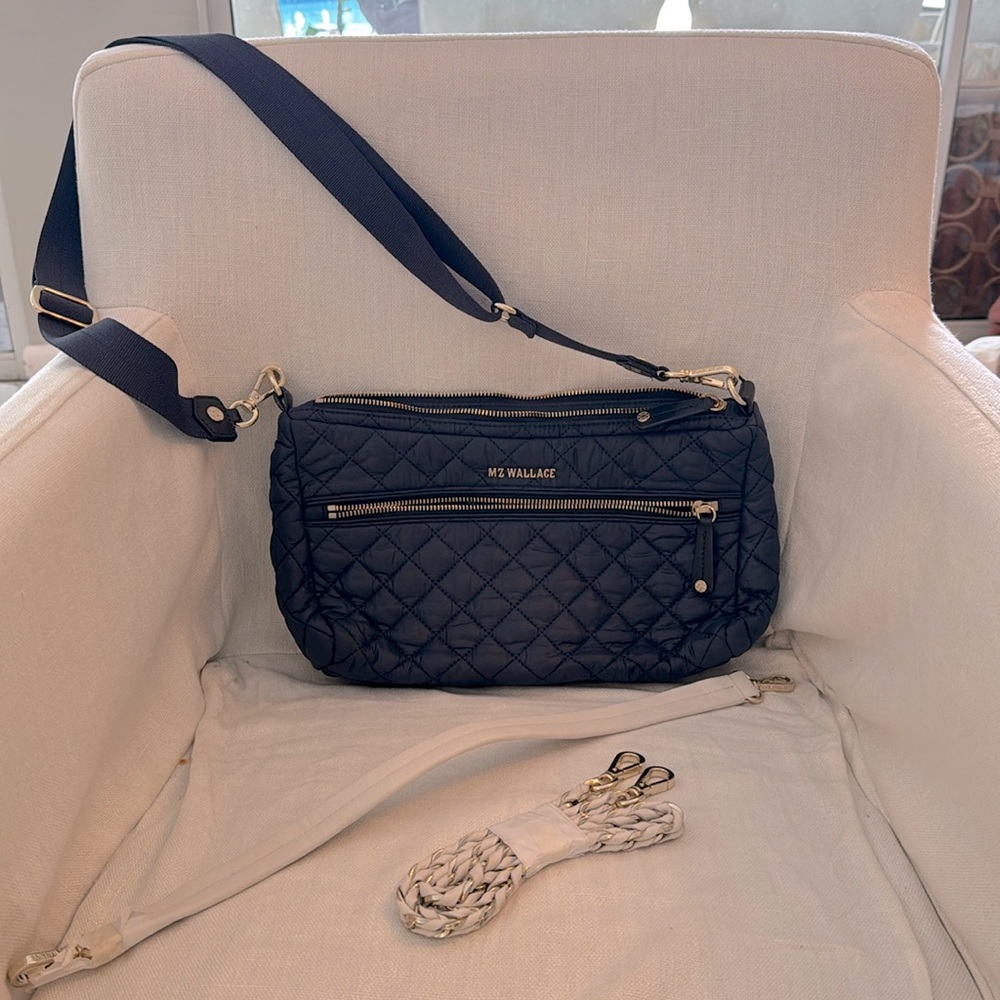 MZ Wallace - NAVY blue metro crossbody w/gold hardware & 2 white/gold straps
